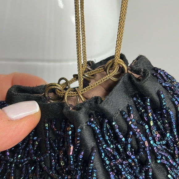 1920's Flapper Hand Stitched Iridescent Navy Blue Beaded Reticule Wristlet Bag - Picture 4 of 8